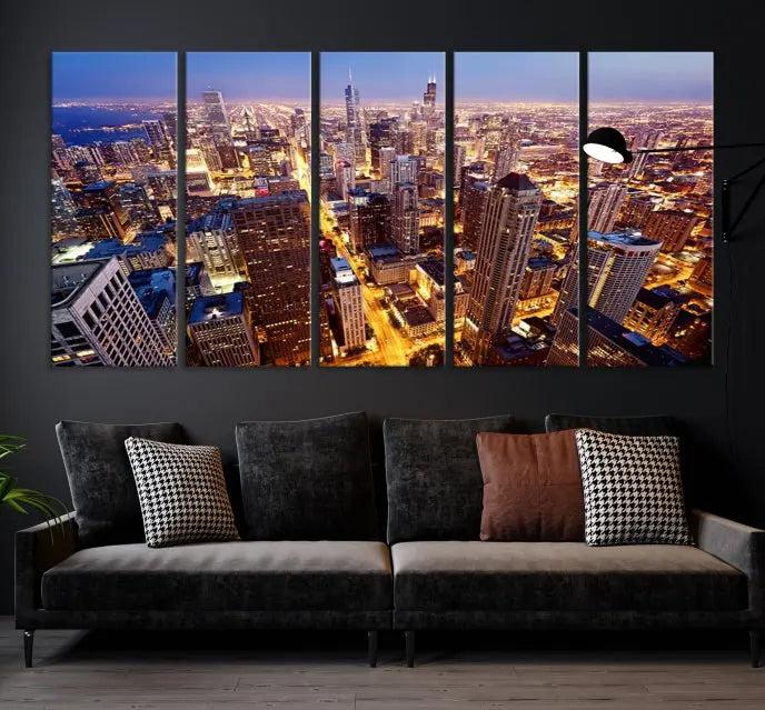 The cozy living room features the Chicago Wall Art Canvas Print on the wall. This museum-quality canvas showcases the Chicago city skyline at dusk and includes a UV-protective coating to ensure lasting beauty.