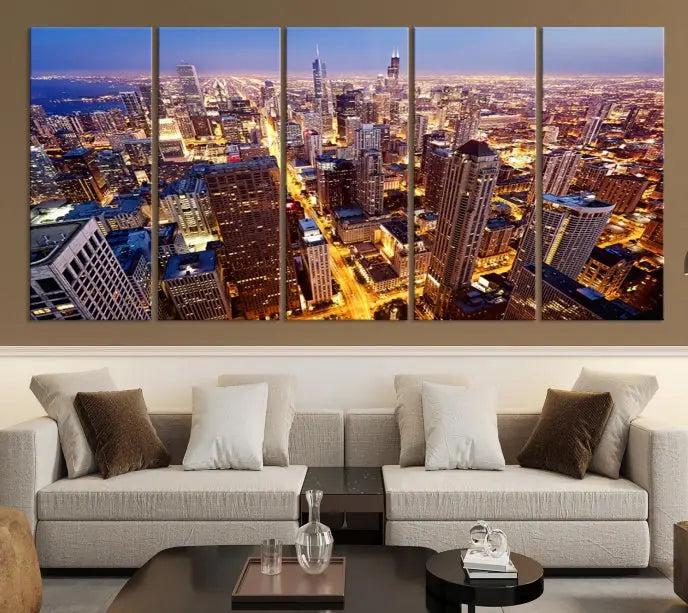 The cozy living room features the Chicago Wall Art Canvas Print on the wall. This museum-quality canvas showcases the Chicago city skyline at dusk and includes a UV-protective coating to ensure lasting beauty.