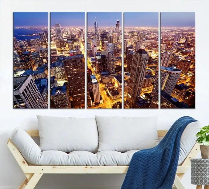 The cozy living room features the Chicago Wall Art Canvas Print on the wall. This museum-quality canvas showcases the Chicago city skyline at dusk and includes a UV-protective coating to ensure lasting beauty.