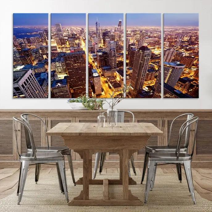 The cozy living room features the Chicago Wall Art Canvas Print on the wall. This museum-quality canvas showcases the Chicago city skyline at dusk and includes a UV-protective coating to ensure lasting beauty.