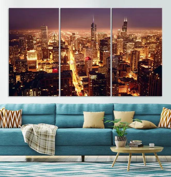 Chicago Wall Art Canvas Print showcasing the city skyline at night, crafted on museum-quality canvases.