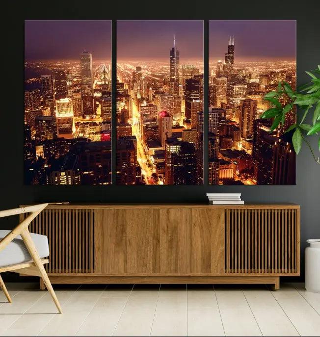 Chicago Wall Art Canvas Print showcasing the city skyline at night, crafted on museum-quality canvases.