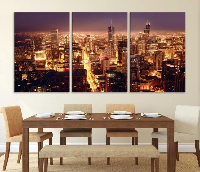 Chicago Wall Art Canvas Print showcasing the city skyline at night, crafted on museum-quality canvases.