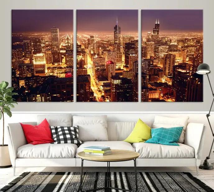 Chicago Wall Art Canvas Print showcasing the city skyline at night, crafted on museum-quality canvases.