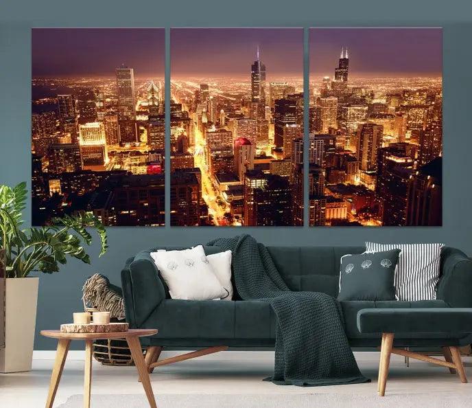 Chicago Wall Art Canvas Print showcasing the city skyline at night, crafted on museum-quality canvases.