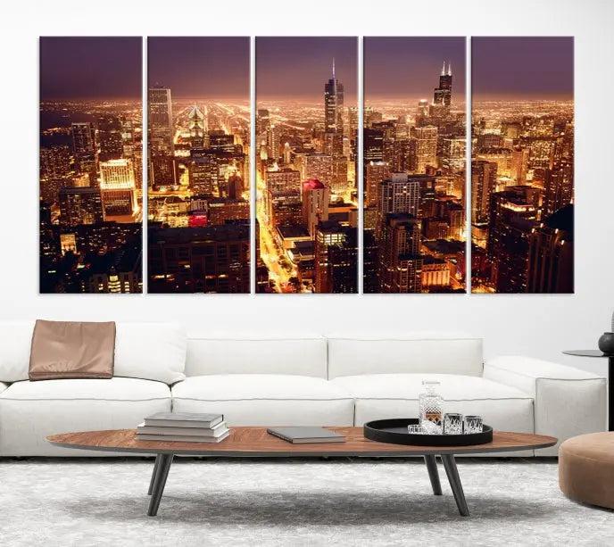 Chicago Wall Art Canvas Print showcasing the city skyline at night, crafted on museum-quality canvases.