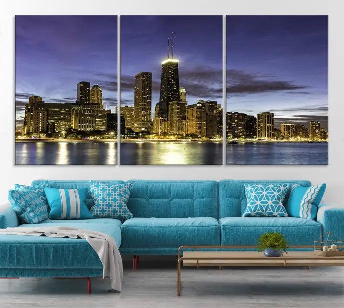 Chicago City Night Canvas Print displayed as a triptych, expertly crafted on museum-quality canvas with a UV-protective coating.