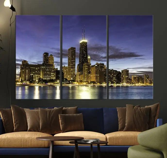 Chicago City Night Canvas Print displayed as a triptych, expertly crafted on museum-quality canvas with a UV-protective coating.