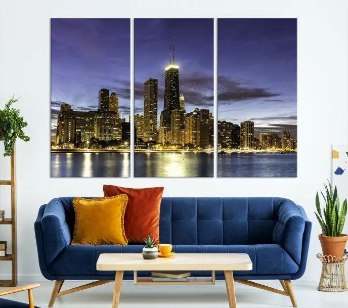 Chicago City Night Canvas Print displayed as a triptych, expertly crafted on museum-quality canvas with a UV-protective coating.