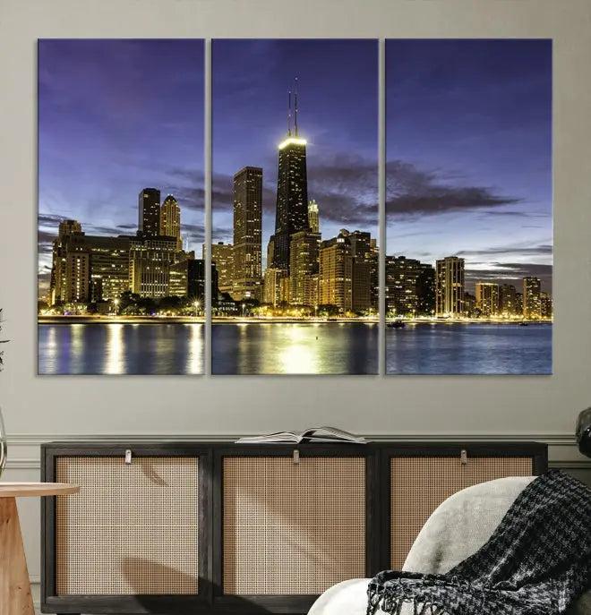 Chicago City Night Canvas Print displayed as a triptych, expertly crafted on museum-quality canvas with a UV-protective coating.