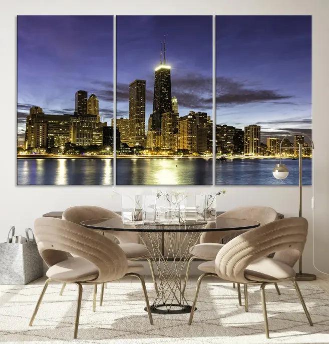 Chicago City Night Canvas Print displayed as a triptych, expertly crafted on museum-quality canvas with a UV-protective coating.