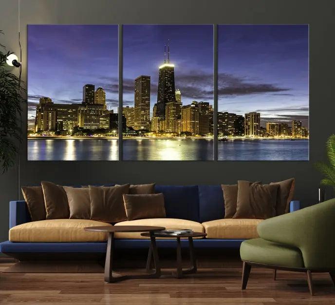 Chicago City Night Canvas Print displayed as a triptych, expertly crafted on museum-quality canvas with a UV-protective coating.