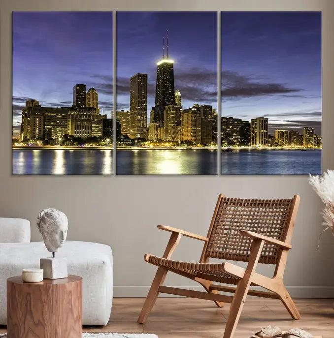 Chicago City Night Canvas Print displayed as a triptych, expertly crafted on museum-quality canvas with a UV-protective coating.