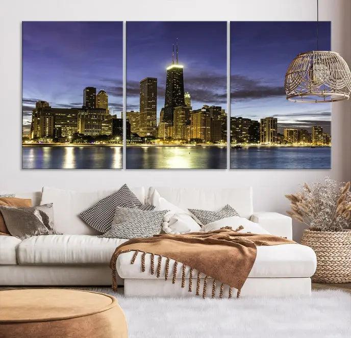 Chicago City Night Canvas Print displayed as a triptych, expertly crafted on museum-quality canvas with a UV-protective coating.