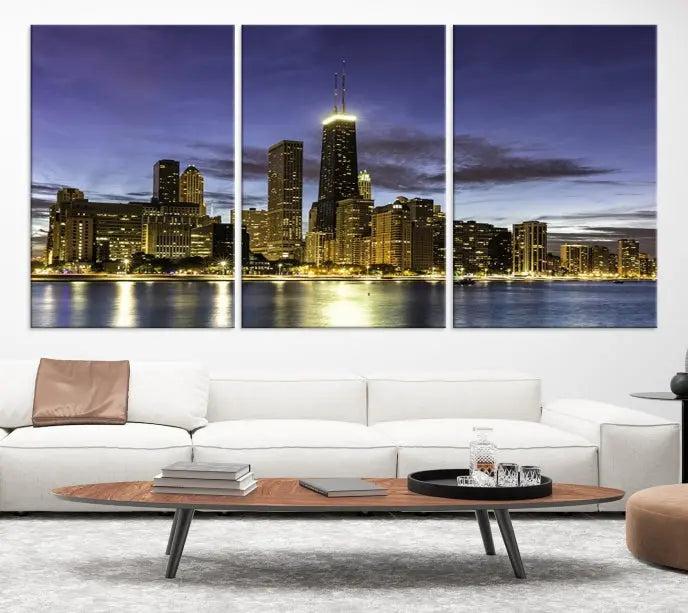 Chicago City Night Canvas Print displayed as a triptych, expertly crafted on museum-quality canvas with a UV-protective coating.