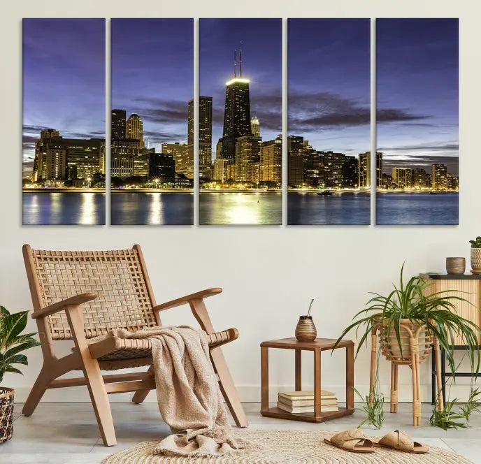 Chicago City Night Canvas Print displayed as a triptych, expertly crafted on museum-quality canvas with a UV-protective coating.