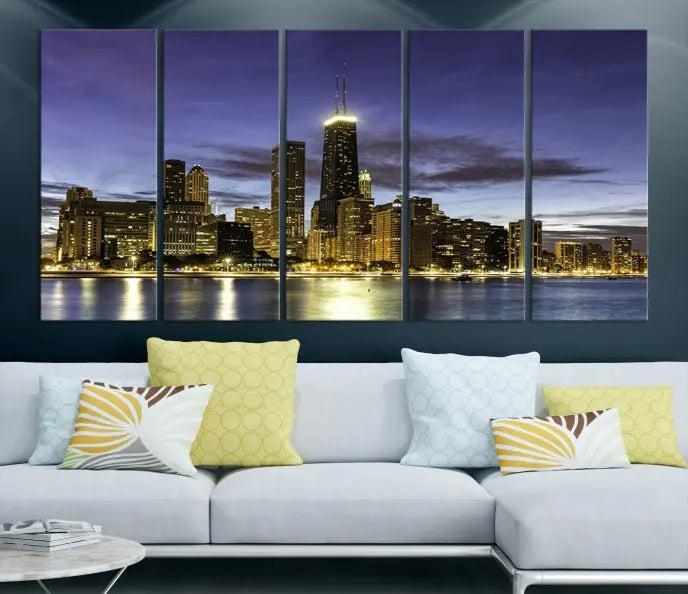 Chicago City Night Canvas Print displayed as a triptych, expertly crafted on museum-quality canvas with a UV-protective coating.