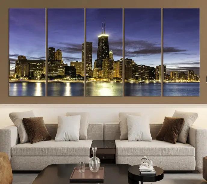 Chicago City Night Canvas Print displayed as a triptych, expertly crafted on museum-quality canvas with a UV-protective coating.