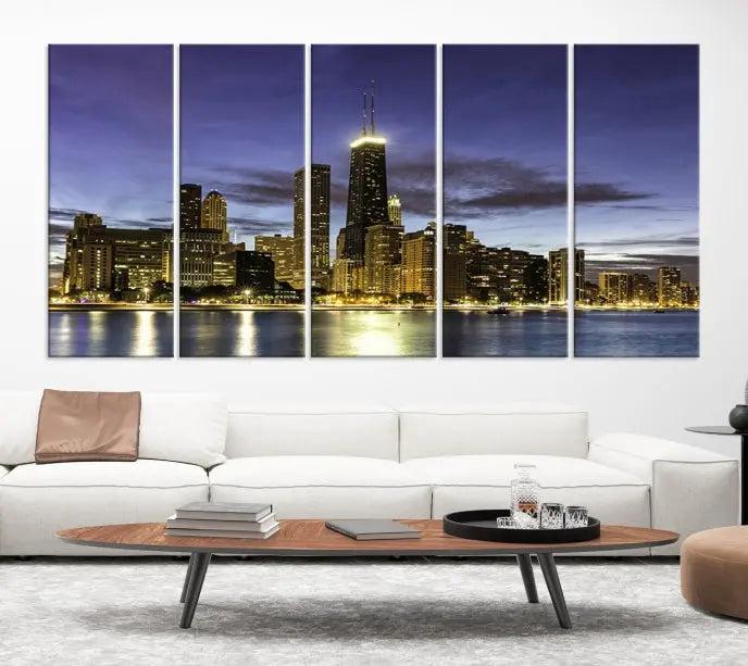 Chicago City Night Canvas Print displayed as a triptych, expertly crafted on museum-quality canvas with a UV-protective coating.