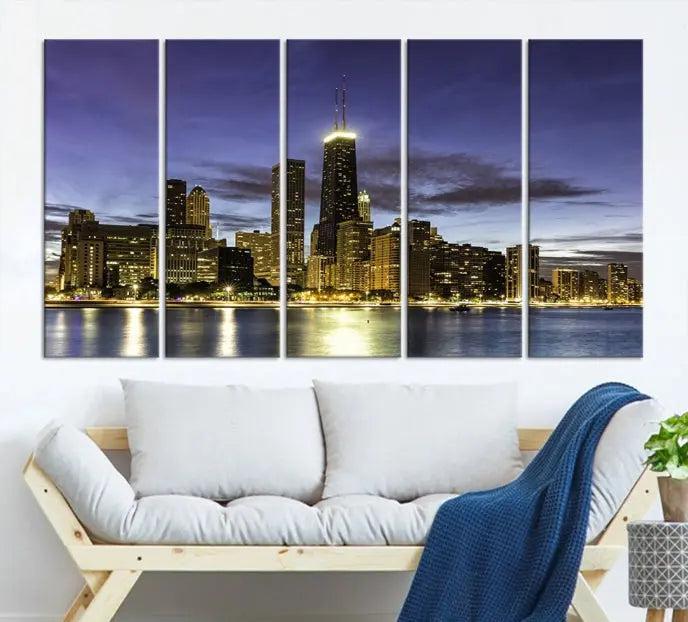 Chicago City Night Canvas Print displayed as a triptych, expertly crafted on museum-quality canvas with a UV-protective coating.