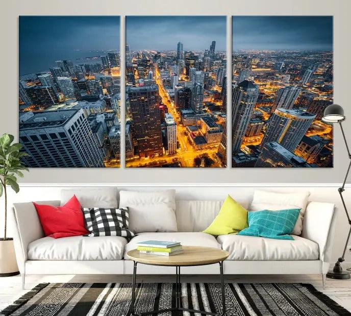 Chicago City Night Canvas Print, a triptych on museum-quality canvases, is showcased in a stylish living room.