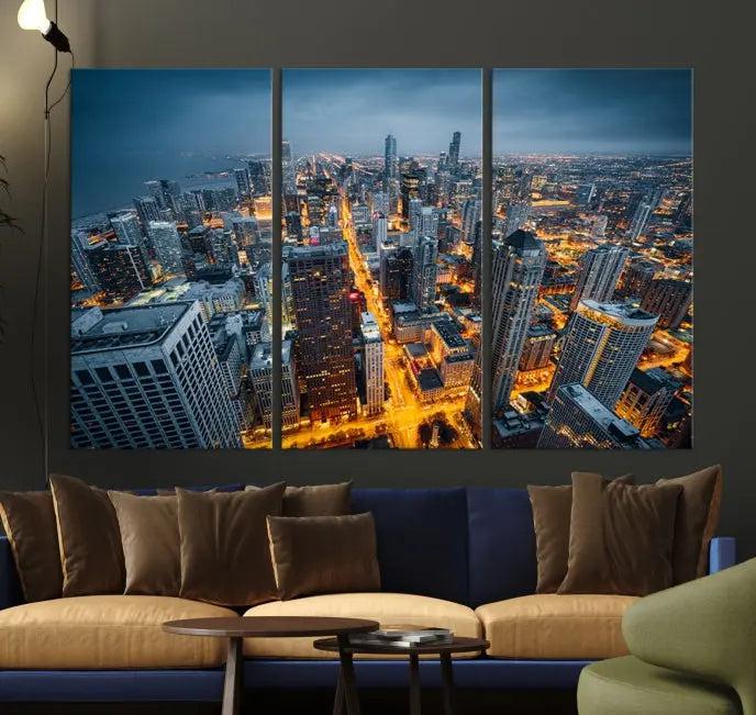 Chicago City Night Canvas Print, a triptych on museum-quality canvases, is showcased in a stylish living room.