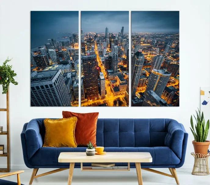 Chicago City Night Canvas Print, a triptych on museum-quality canvases, is showcased in a stylish living room.