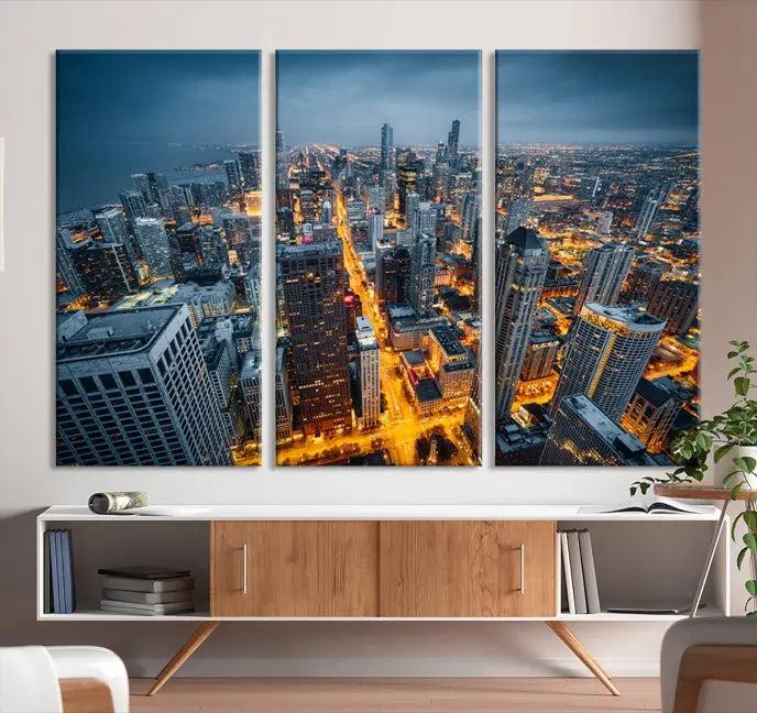 Chicago City Night Canvas Print, a triptych on museum-quality canvases, is showcased in a stylish living room.