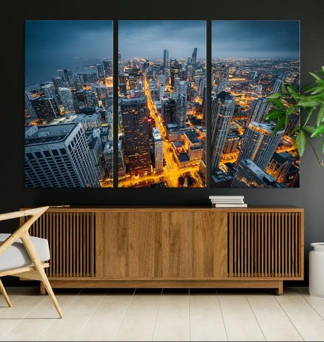 Chicago City Night Canvas Print, a triptych on museum-quality canvases, is showcased in a stylish living room.