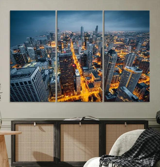 Chicago City Night Canvas Print, a triptych on museum-quality canvases, is showcased in a stylish living room.