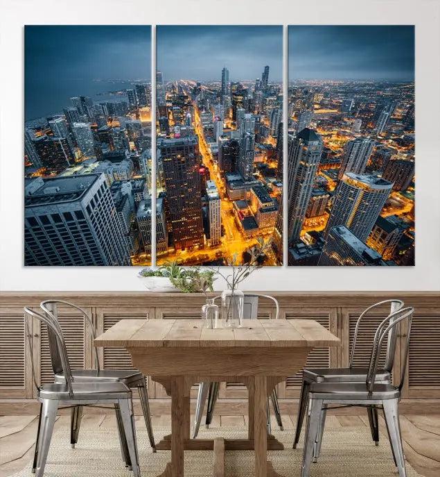 Chicago City Night Canvas Print, a triptych on museum-quality canvases, is showcased in a stylish living room.