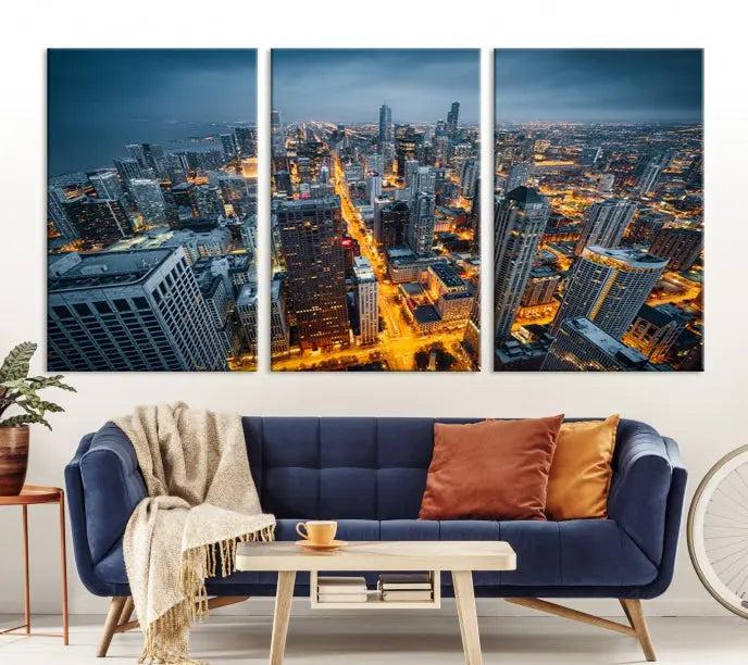 Chicago City Night Canvas Print, a triptych on museum-quality canvases, is showcased in a stylish living room.