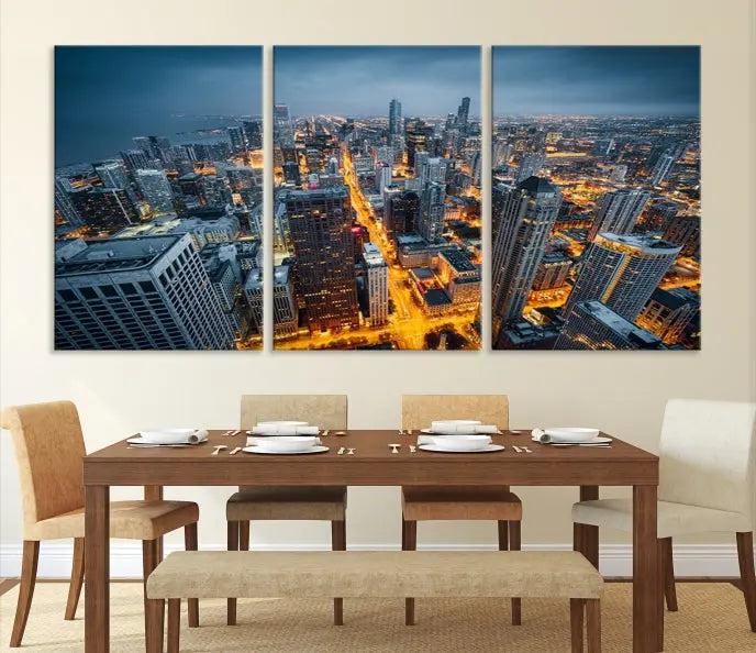 Chicago City Night Canvas Print, a triptych on museum-quality canvases, is showcased in a stylish living room.