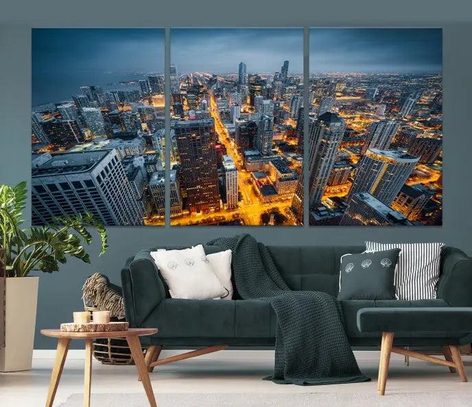 Chicago City Night Canvas Print, a triptych on museum-quality canvases, is showcased in a stylish living room.