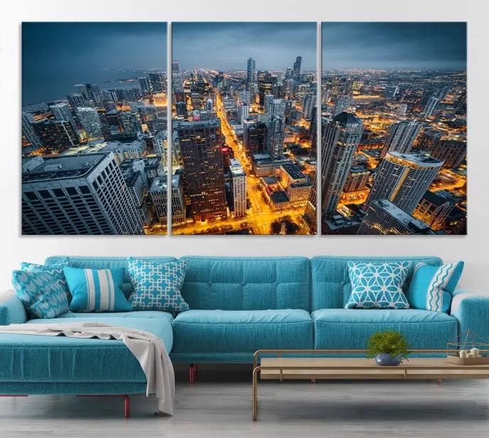 Chicago City Night Canvas Print, a triptych on museum-quality canvases, is showcased in a stylish living room.