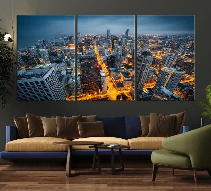 Chicago City Night Canvas Print, a triptych on museum-quality canvases, is showcased in a stylish living room.