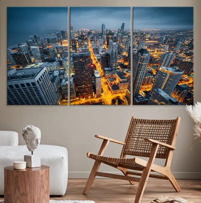 Chicago City Night Canvas Print, a triptych on museum-quality canvases, is showcased in a stylish living room.