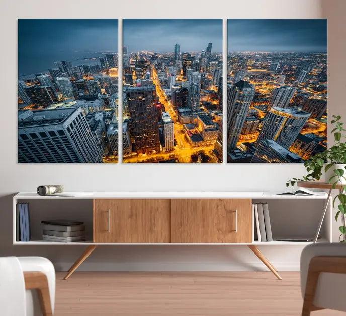 Chicago City Night Canvas Print, a triptych on museum-quality canvases, is showcased in a stylish living room.