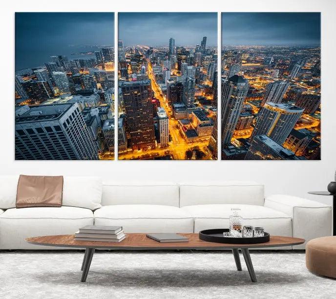 Chicago City Night Canvas Print, a triptych on museum-quality canvases, is showcased in a stylish living room.