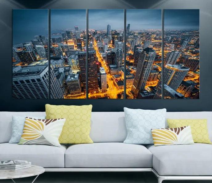 Chicago City Night Canvas Print, a triptych on museum-quality canvases, is showcased in a stylish living room.