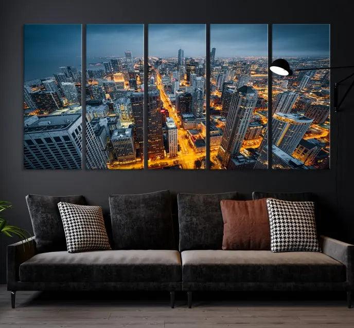 Chicago City Night Canvas Print, a triptych on museum-quality canvases, is showcased in a stylish living room.