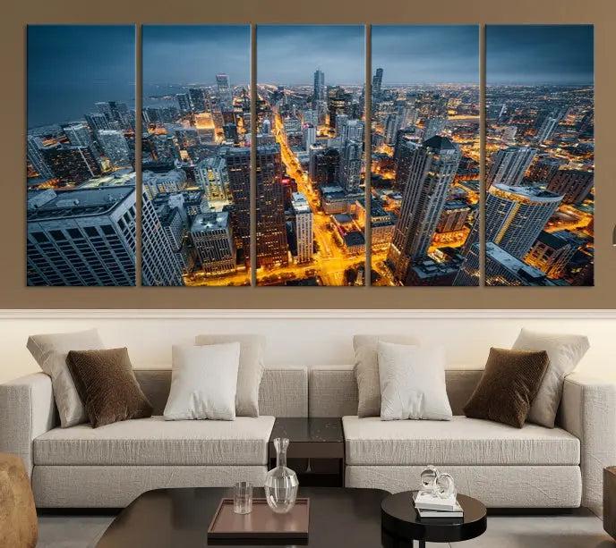 Chicago City Night Canvas Print, a triptych on museum-quality canvases, is showcased in a stylish living room.