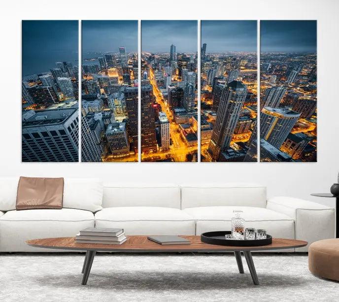 Chicago City Night Canvas Print, a triptych on museum-quality canvases, is showcased in a stylish living room.