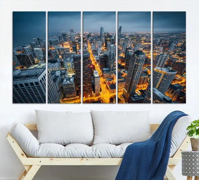 Chicago City Night Canvas Print, a triptych on museum-quality canvases, is showcased in a stylish living room.