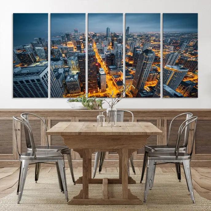 Chicago City Night Canvas Print, a triptych on museum-quality canvases, is showcased in a stylish living room.