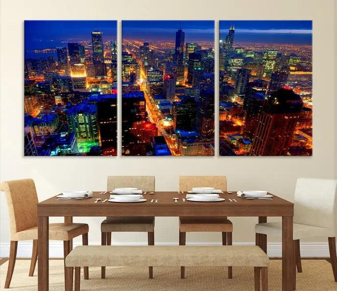 The "Chicago Wall Art Canvas Print Chicago City Night Canvas Print," a striking cityscape triptych depicting a brightly lit urban scene at night, elegantly enhances the space. This gallery-wrapped image features museum-quality polycotton and a UV-protective coating, ensuring its lasting brilliance.