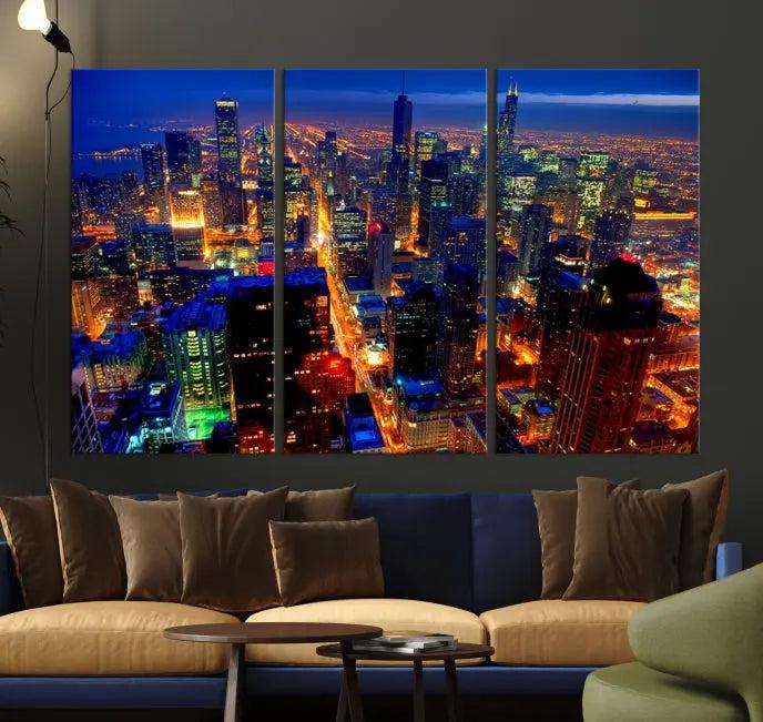 The "Chicago Wall Art Canvas Print Chicago City Night Canvas Print," a striking cityscape triptych depicting a brightly lit urban scene at night, elegantly enhances the space. This gallery-wrapped image features museum-quality polycotton and a UV-protective coating, ensuring its lasting brilliance.