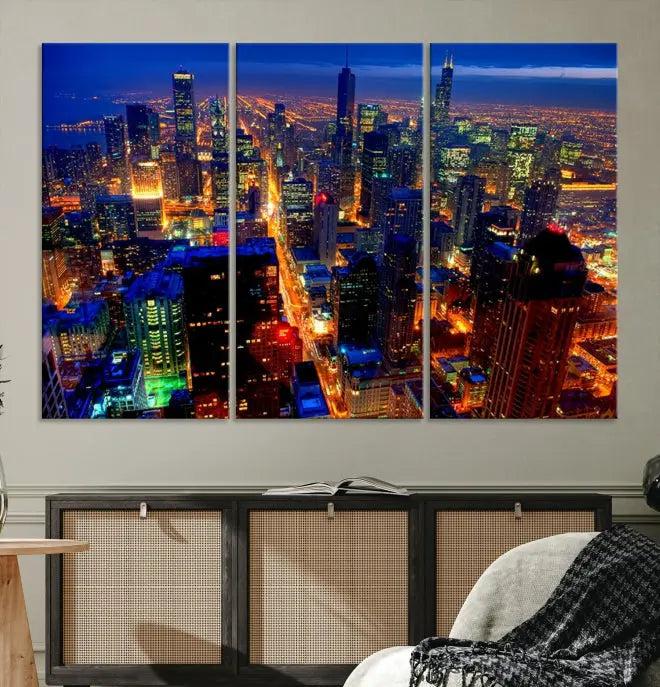 The "Chicago Wall Art Canvas Print Chicago City Night Canvas Print," a striking cityscape triptych depicting a brightly lit urban scene at night, elegantly enhances the space. This gallery-wrapped image features museum-quality polycotton and a UV-protective coating, ensuring its lasting brilliance.