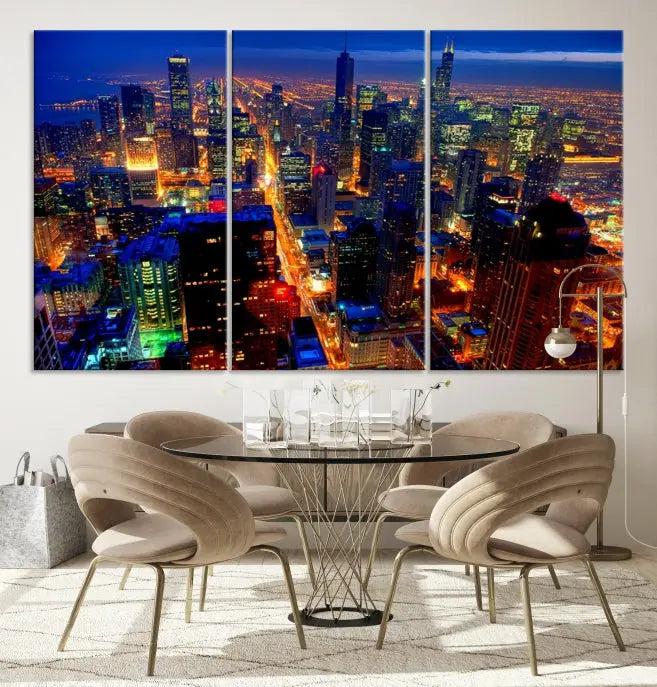 The "Chicago Wall Art Canvas Print Chicago City Night Canvas Print," a striking cityscape triptych depicting a brightly lit urban scene at night, elegantly enhances the space. This gallery-wrapped image features museum-quality polycotton and a UV-protective coating, ensuring its lasting brilliance.