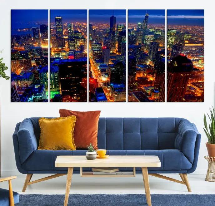 The "Chicago Wall Art Canvas Print Chicago City Night Canvas Print," a striking cityscape triptych depicting a brightly lit urban scene at night, elegantly enhances the space. This gallery-wrapped image features museum-quality polycotton and a UV-protective coating, ensuring its lasting brilliance.